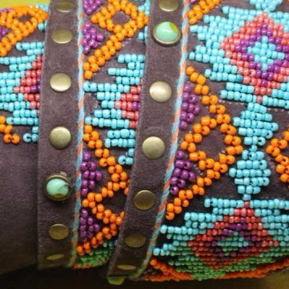Tasha Polizzi Leather Fringe Belt seed beaded turquoise brass studs RTL 395 NWOT - Picture 6 of 8